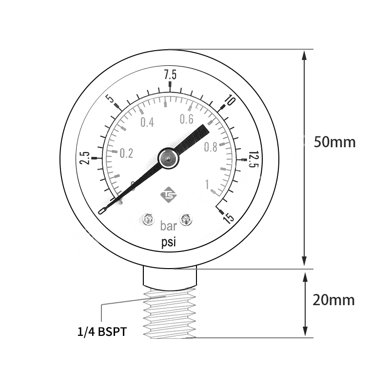 压力表 0-1bar 0- 15psi1/4BSPT径向压力表可测气压水压液压油压 - 图2