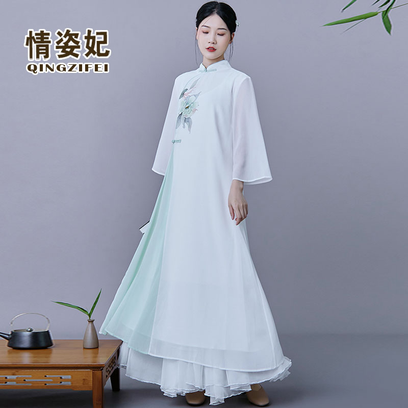 中国风汉服禅意女装茶服长裙中式唐装现代改良版旗袍雪纺连衣裙女 - 图0