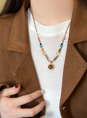 复古虎眼石吊坠项链女2025新款轻奢高级感毛衣链秋冬美拉德配饰品