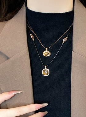 秋冬虎眼石皮绳抽拉项链女美拉德高级感长款毛衣链简约时尚锁骨链