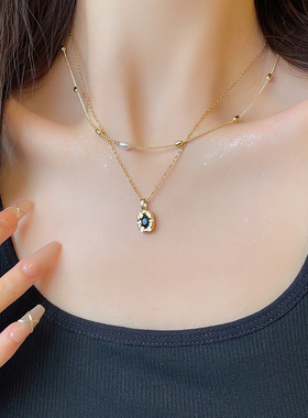 黑色锆石吊坠项链双层叠戴锁骨链