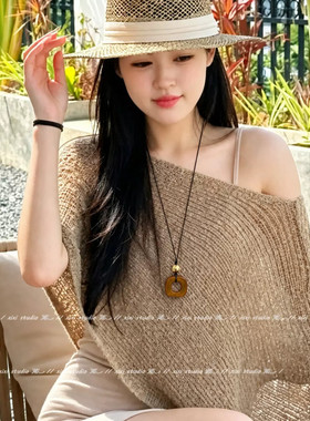 波西米亚琥珀色吊坠项链女款民族风复古配饰设计感小众长款毛衣链