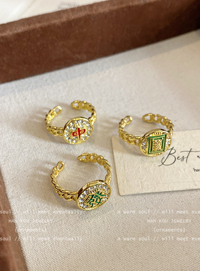 中发白麻将戒指女新中式高级开口发财食指戒国风红中小众设计指环