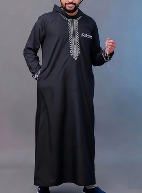 迪拜男长袍连帽刺绣穆斯林礼拜袍