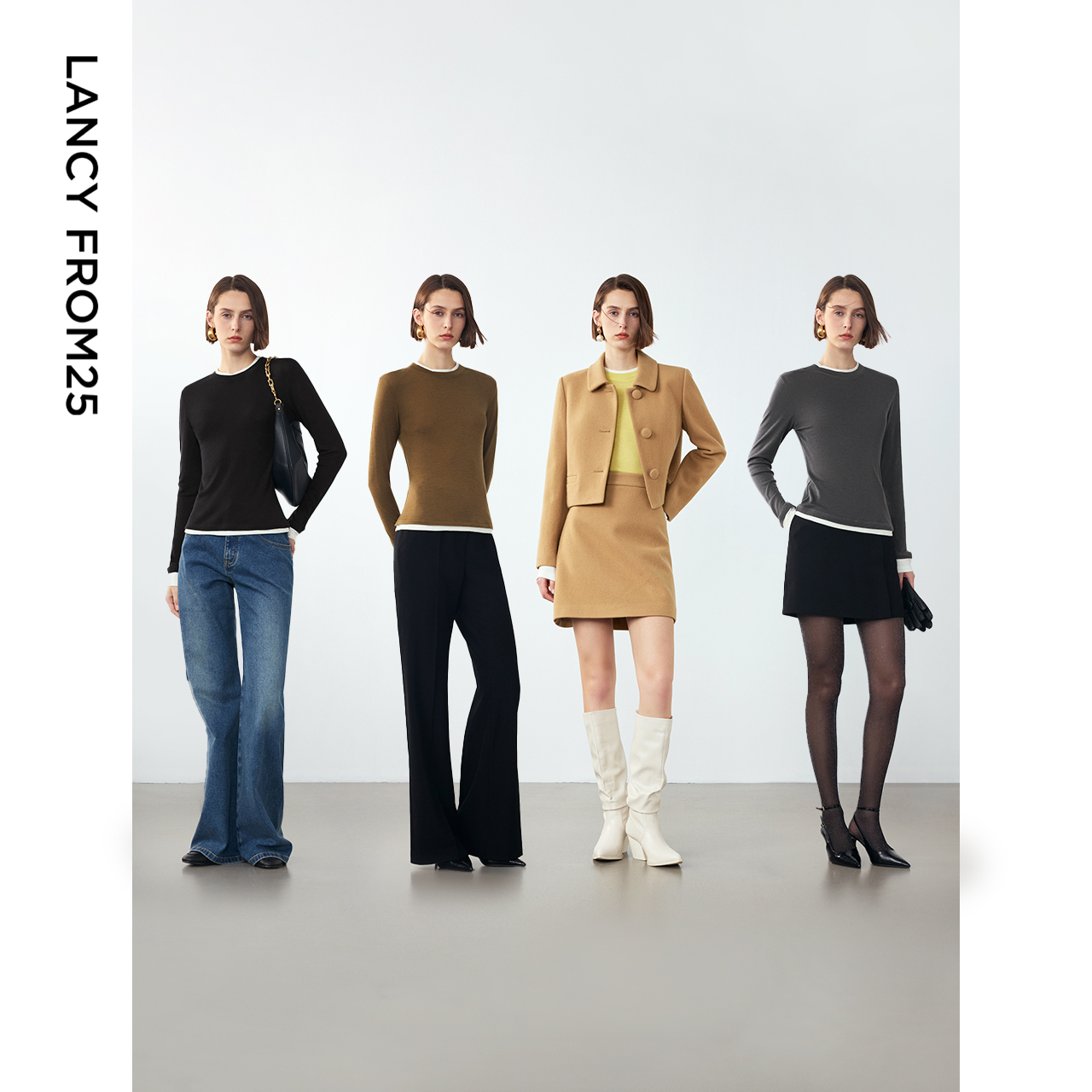 【明星同款】朗姿纯羊毛气质高级感撞色修身上衣女2024冬新款T恤