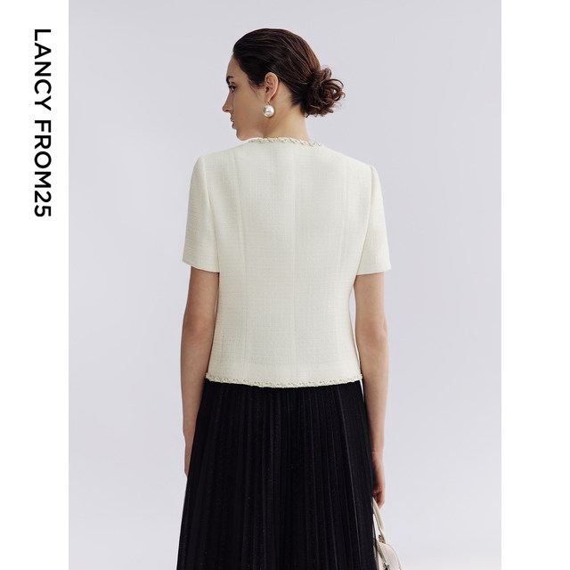 Langzi 2025 summer new style short-sleeved round neck small fragrant short jacket box-shaped webbing French white elegant top