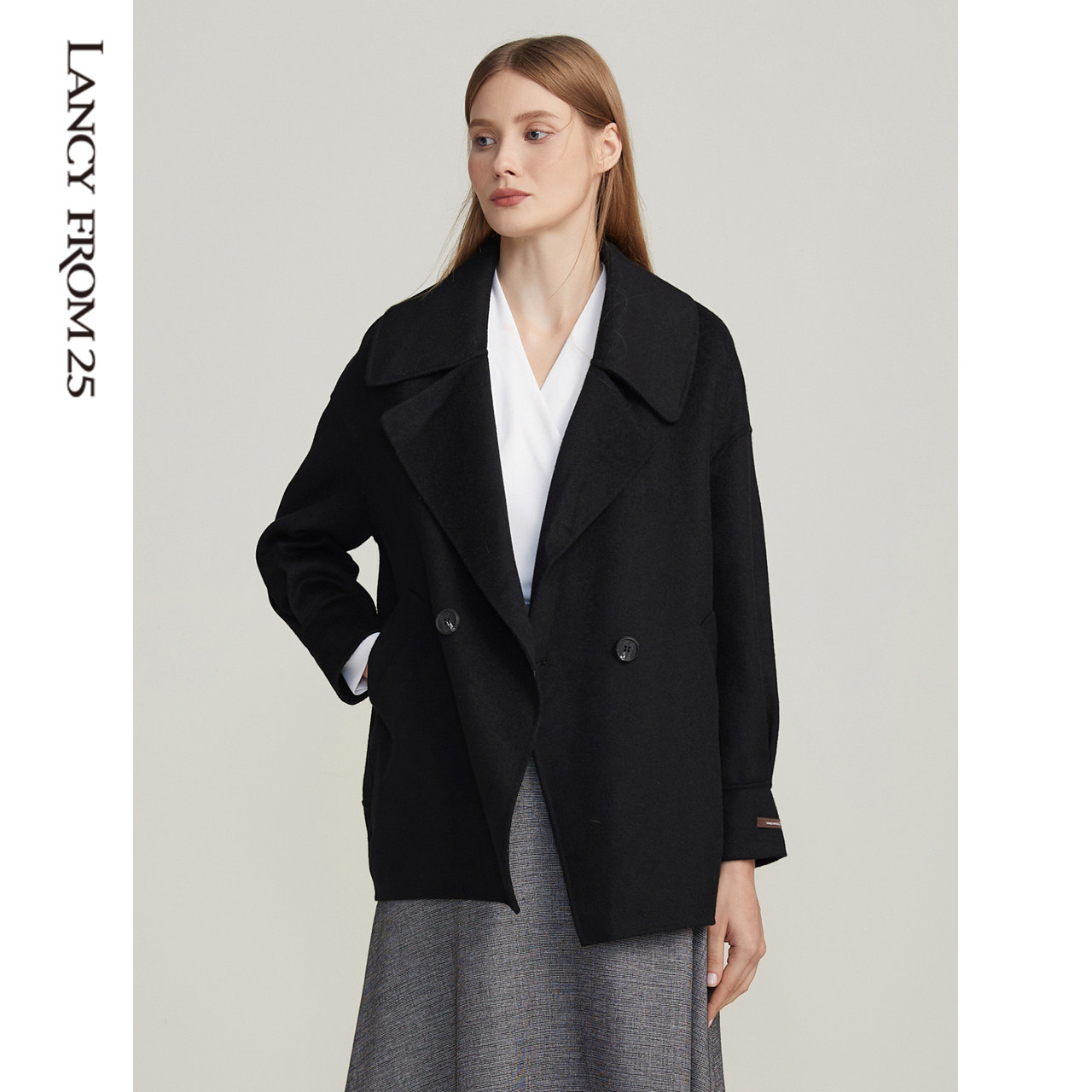 朗姿手工高定双面羊毛大翻领呢大衣 朗姿毛呢外套