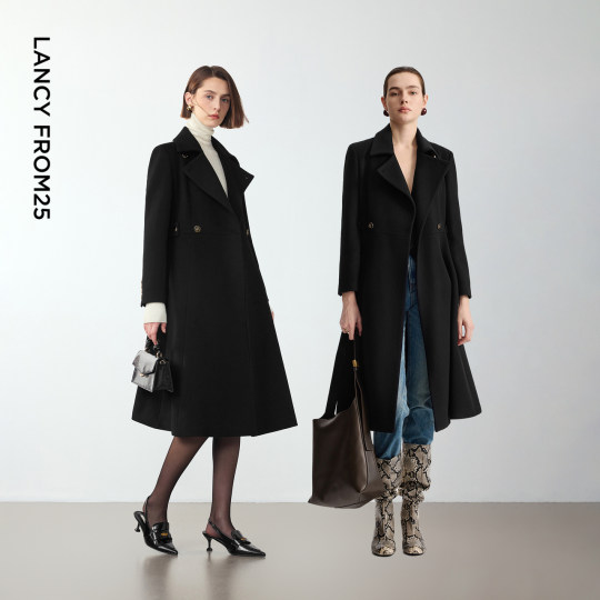 朗姿优雅黑色冬季新款设计感法式赫本风羊毛大衣翻领收腰毛呢