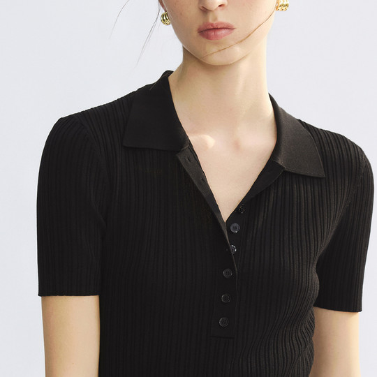 朗姿POLO领坑条肌理针织衫女纯色百搭休闲套头衫2025年夏季新款