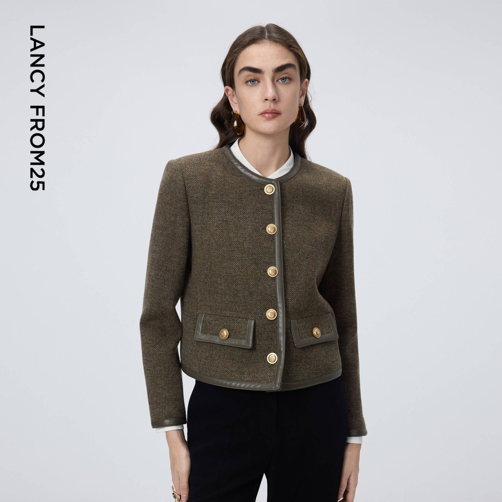 朗姿纯羊毛复古花纱人字纹小香风短款外套高级上衣女春季通勤外套,淘宝优惠券,粉丝福利购,淘宝优惠卷