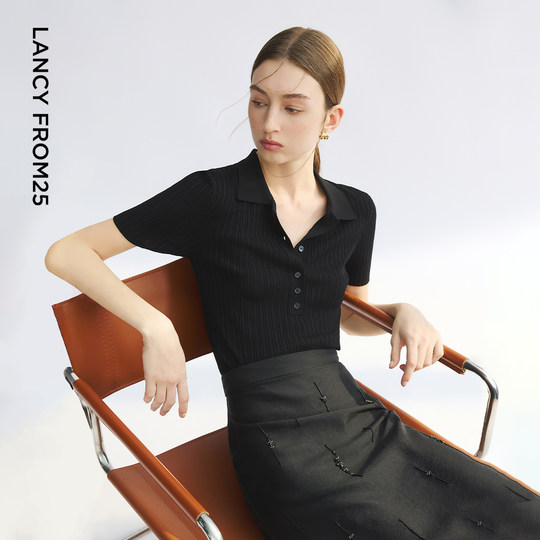 朗姿POLO领坑条肌理针织衫女纯色百搭休闲套头衫2025年夏季新款