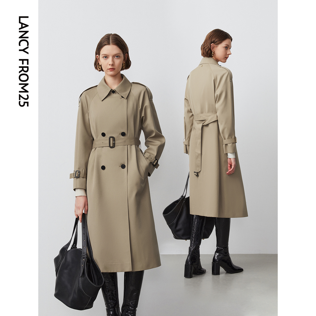 朗姿羊毛复古中长款风衣外套法式设计感气质春季大衣女2024年新款
