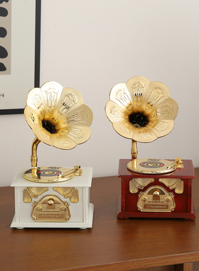 法式中古风玄关桌面摆件唱片留声机音乐盒生日礼物80年代拍摄道具