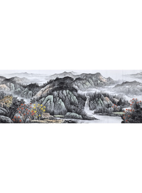 240X70厘米8墨锦轩客厅国画批发纯手绘八尺对开山水画福地雅居