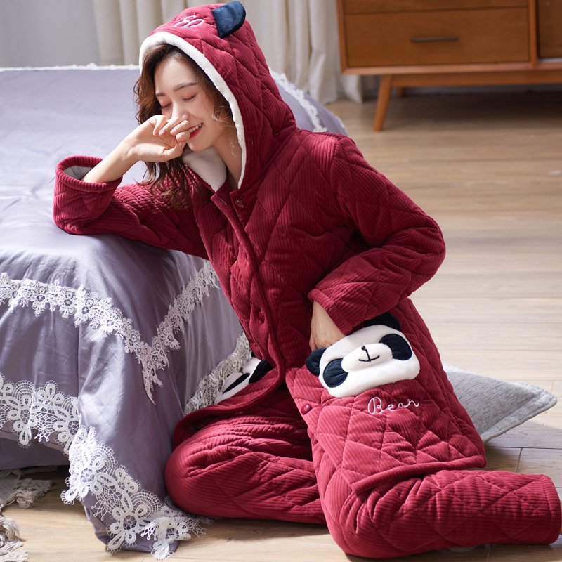 睡衣女冬款珊瑚绒夹棉开衫加厚红色本命年秋法兰绒加绒家居服套装,淘宝优惠券,粉丝福利购,淘宝优惠卷