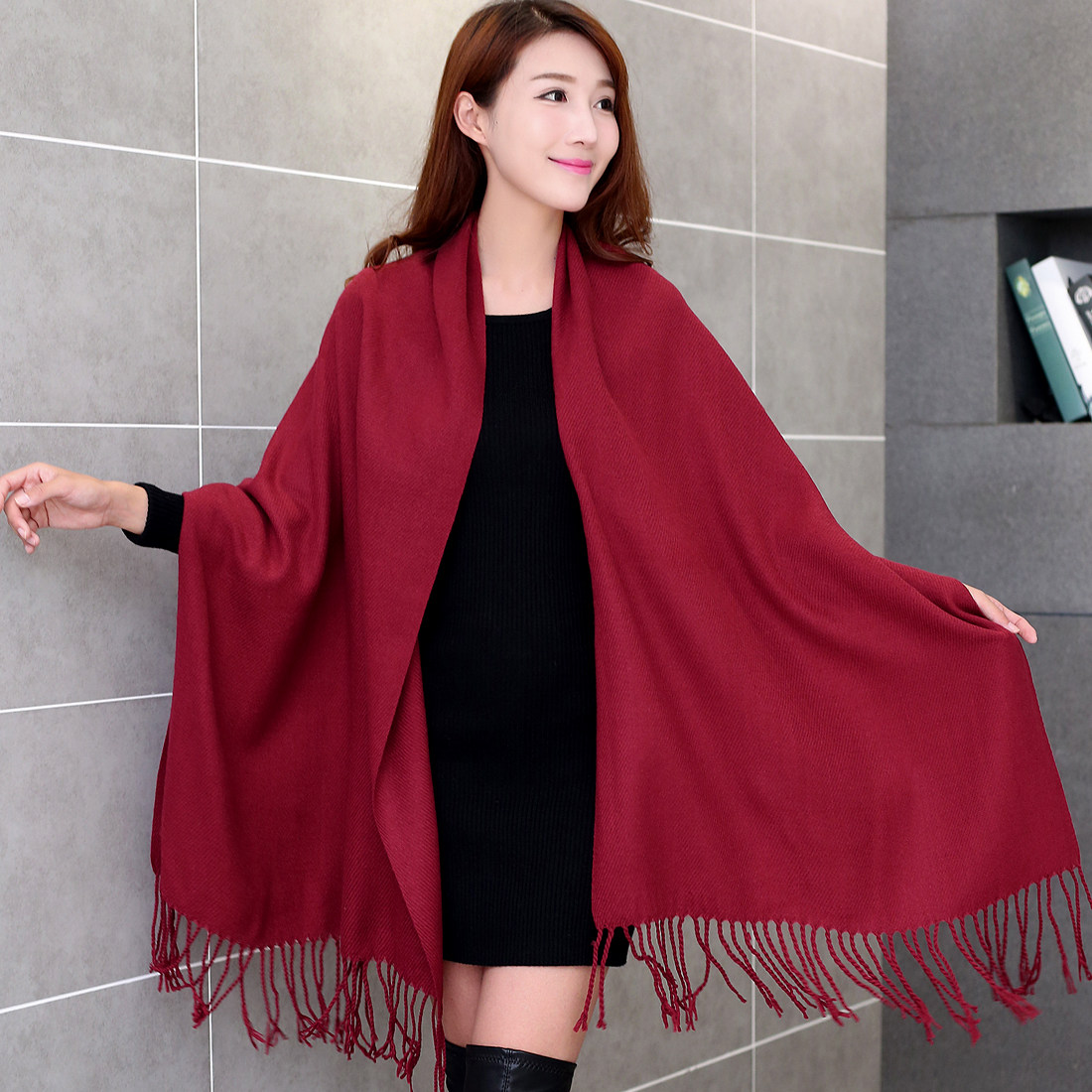 酒红色羊绒围巾女冬季中国红年会定制LOGO印字刺绣百搭披肩两用厚,淘宝优惠券,粉丝福利购,淘宝优惠卷