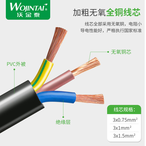 3C认证纯铜国标三芯电源线3芯大功率带插头带线三扁插裸线尾单头 - 图1