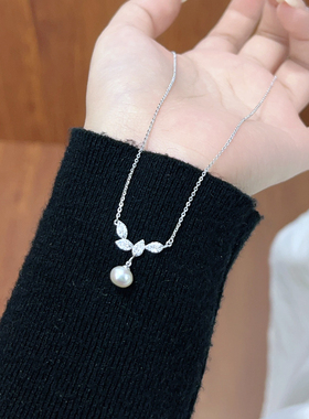 梦祥银925银项链椭圆珍珠银叶子镶嵌锆石项坠年轻甜美女款送女友