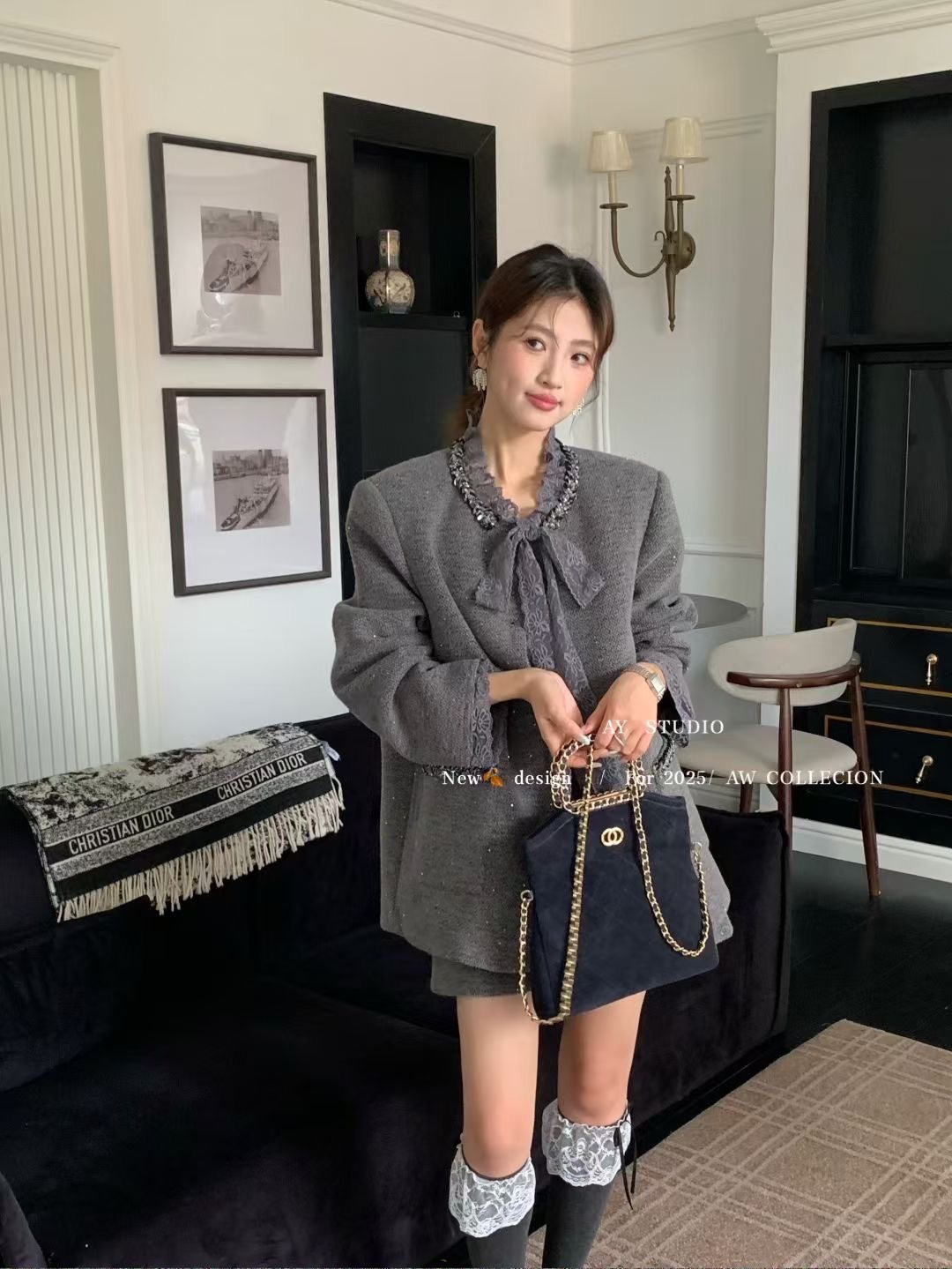 2025冬季新款复古法式千金风蕾丝蝴蝶结外套+连衣裙两件套女套装,淘宝优惠券,粉丝福利购,淘宝优惠卷