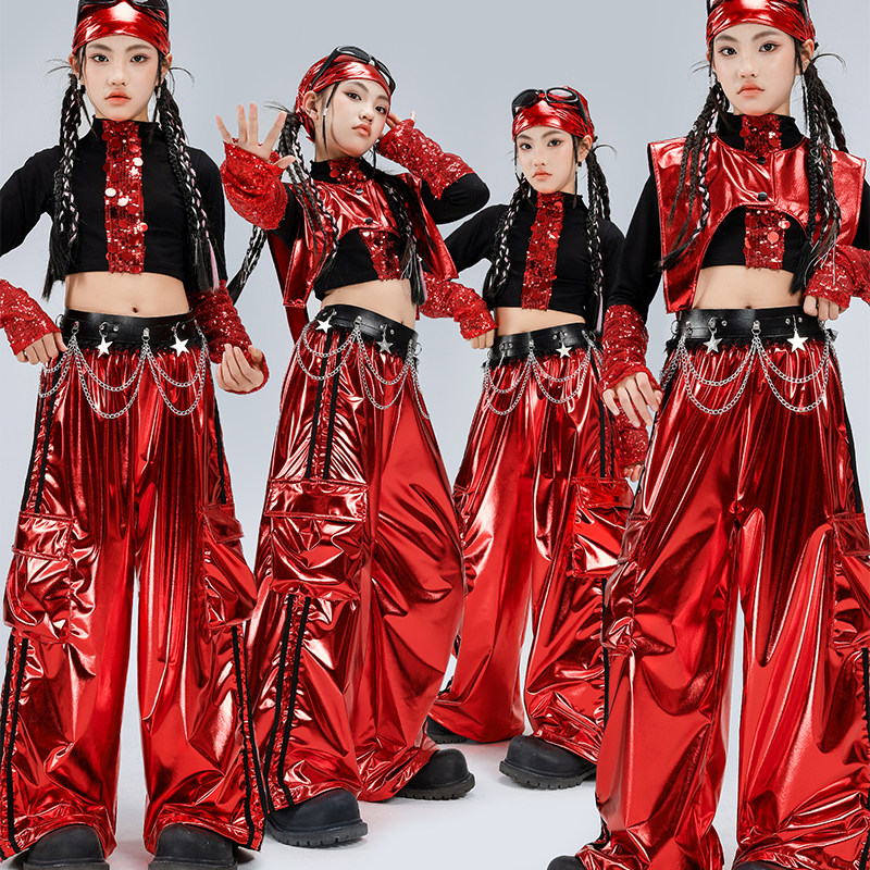 女童爵士舞套装露脐亮片红色亮面皮裤舞蹈服jazz女孩街舞走秀新款,淘宝优惠券,粉丝福利购,淘宝优惠卷