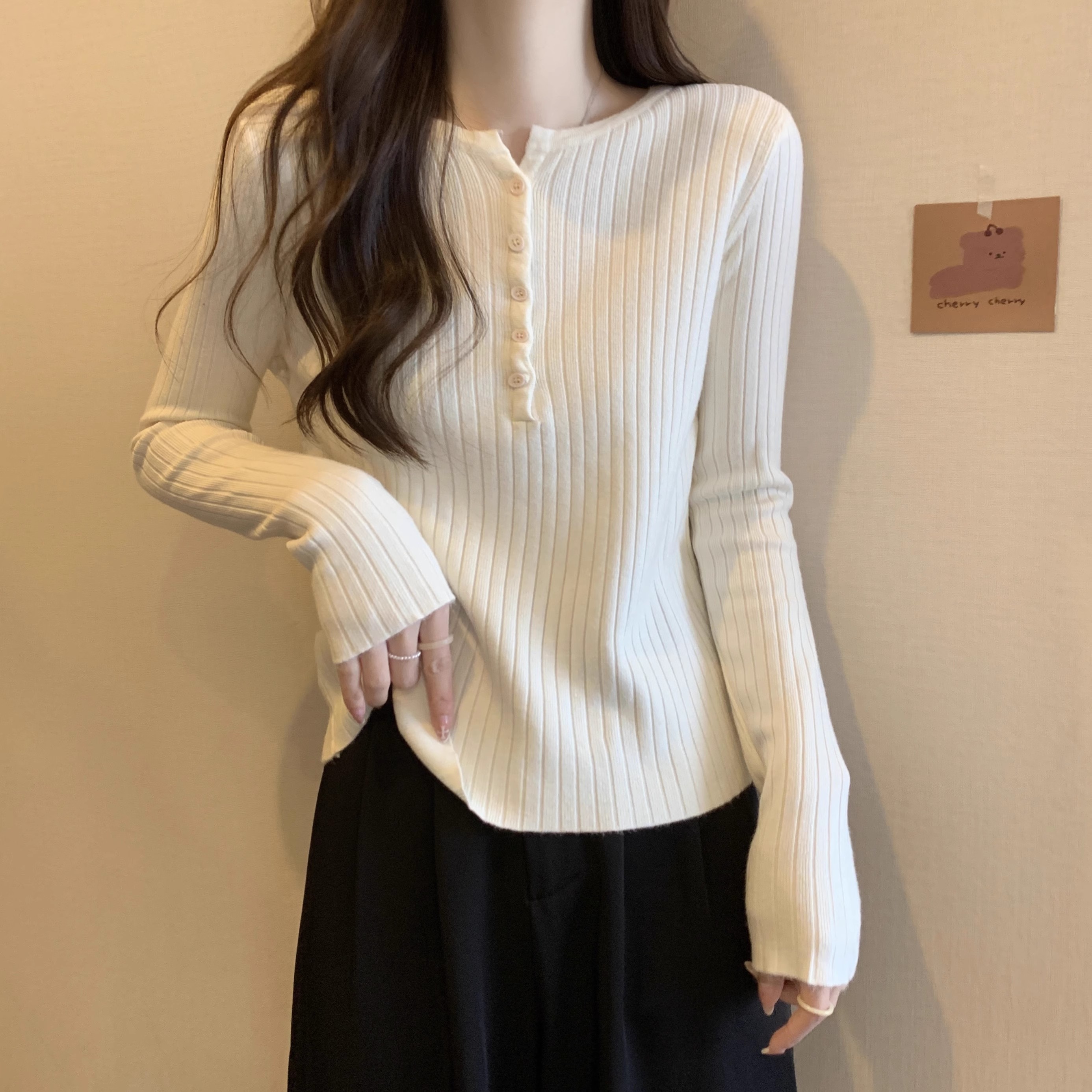 胖妹妹遮肚洋气长袖针织打底衫秋冬大码百搭外穿修身显瘦正肩上衣 - 图0