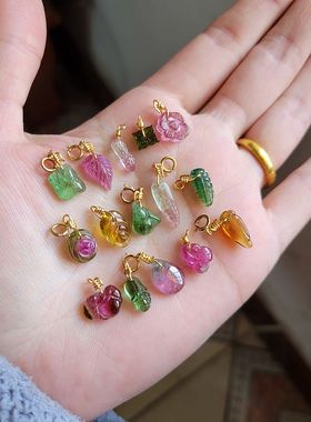 天然碧玺雕刻件手链吊坠小滴溜万能扣