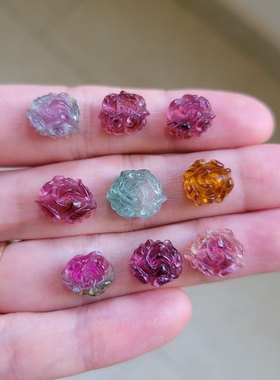 包邮天然彩虹糖果色碧玺精雕通孔牡丹花裸石 手链 戒面