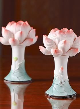 梵趣陶瓷莲花高脚莲花灯酥油灯座蜡烛台家用佛堂供灯寺庙长明灯