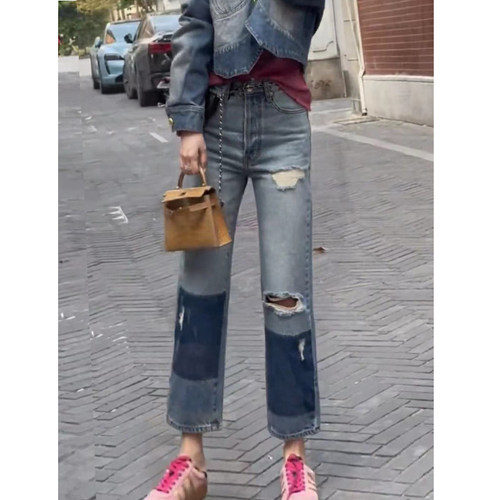 大码女装2026新款春季高腰弹力烟管破洞牛仔裤女显瘦九分直筒裤子 - 图2