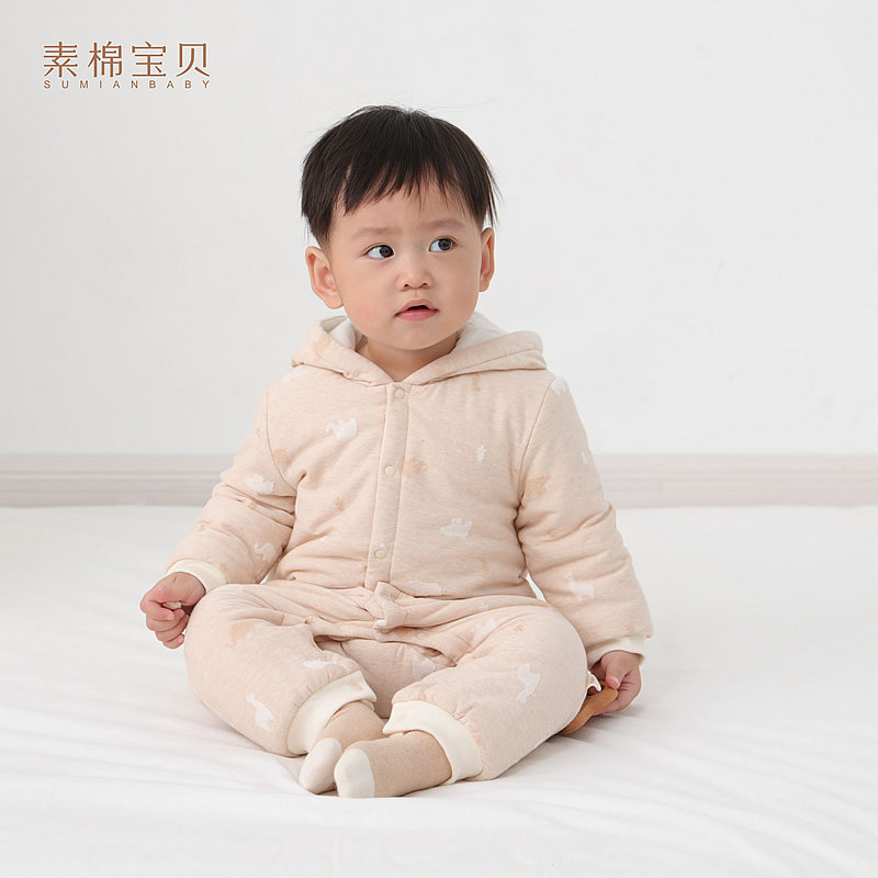 新生秋冬连帽0-18个月宝宝外出服 素棉宝贝连身衣/爬服/哈衣