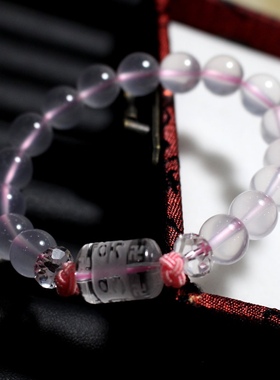 天然莫桑比克粉色粉晶手链女芙蓉石粉水晶六字真言手串送闺蜜礼物