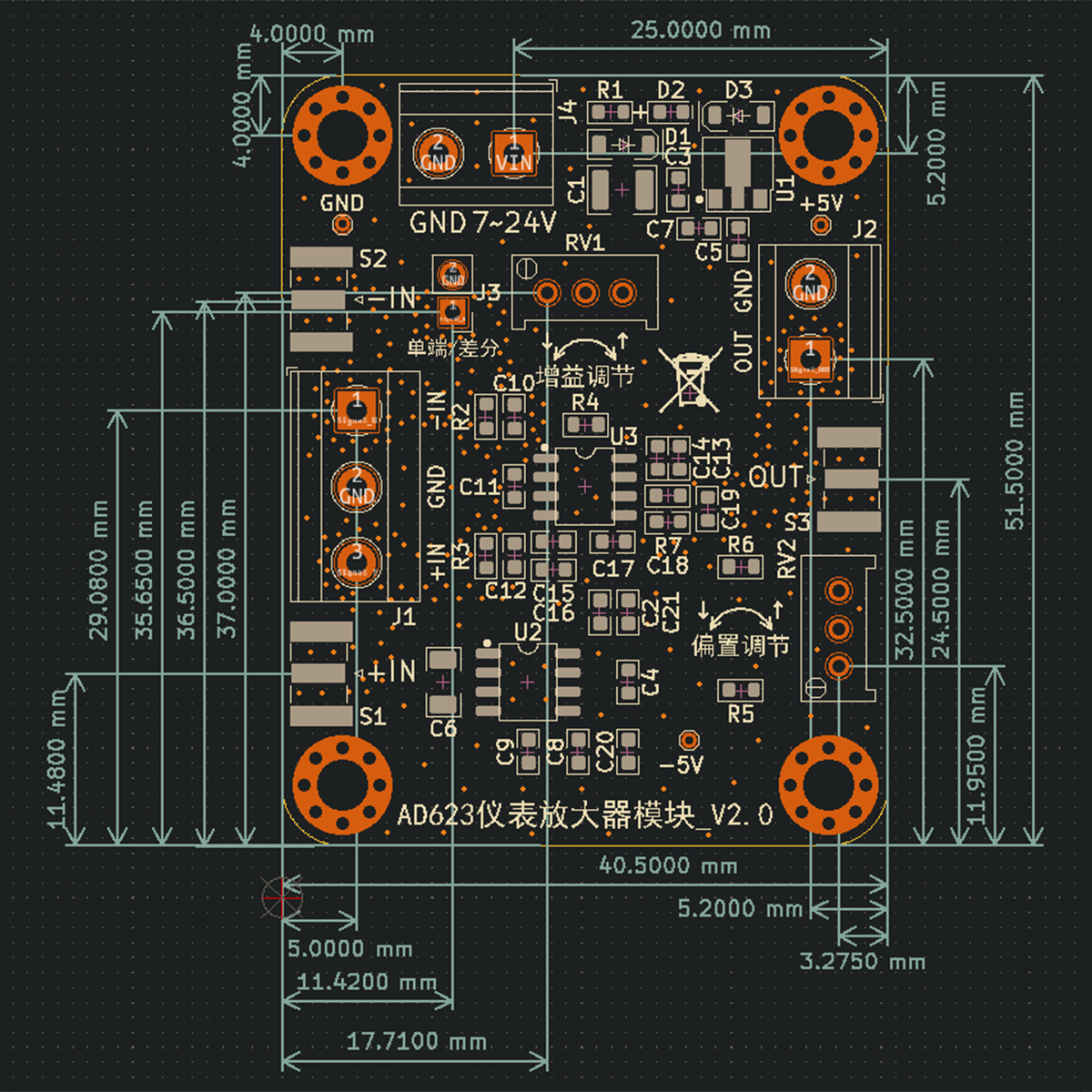 毫伏/微伏电压放大 仪表放大 AD623模块 单端/差分 单电源 低噪声 - 图2