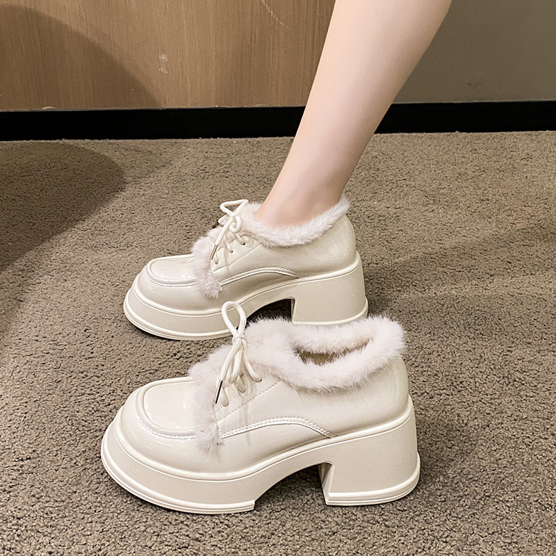 加绒厚底增高小皮鞋女2025冬季新款百搭英伦风粗跟毛口系带乐福鞋,淘宝优惠券,粉丝福利购,淘宝优惠卷