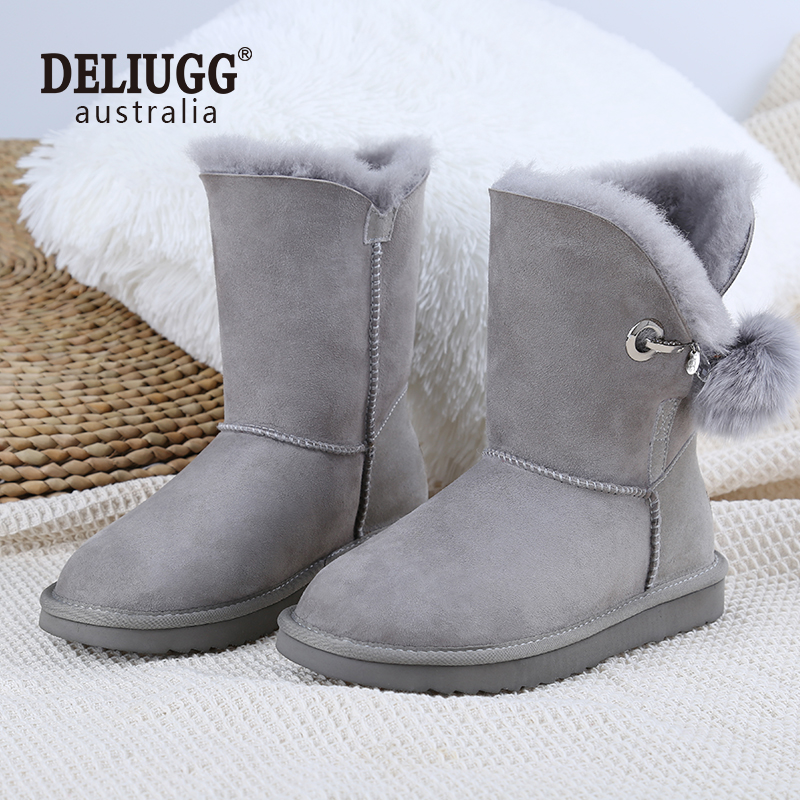 DELIUGG澳洲羊皮毛一体baby同款毛球雪地靴女冬中筒女靴DELΙUGG