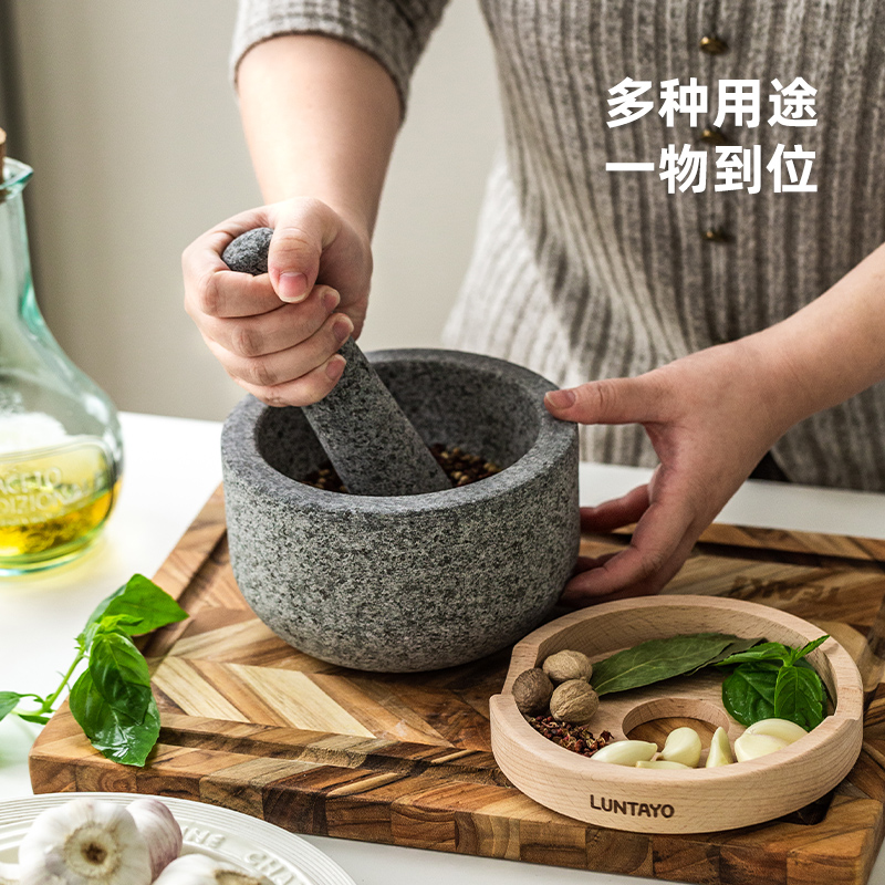 捣蒜器日本Luntayo天然花岗岩手工捣药石臼老式压蒜器香料研磨器