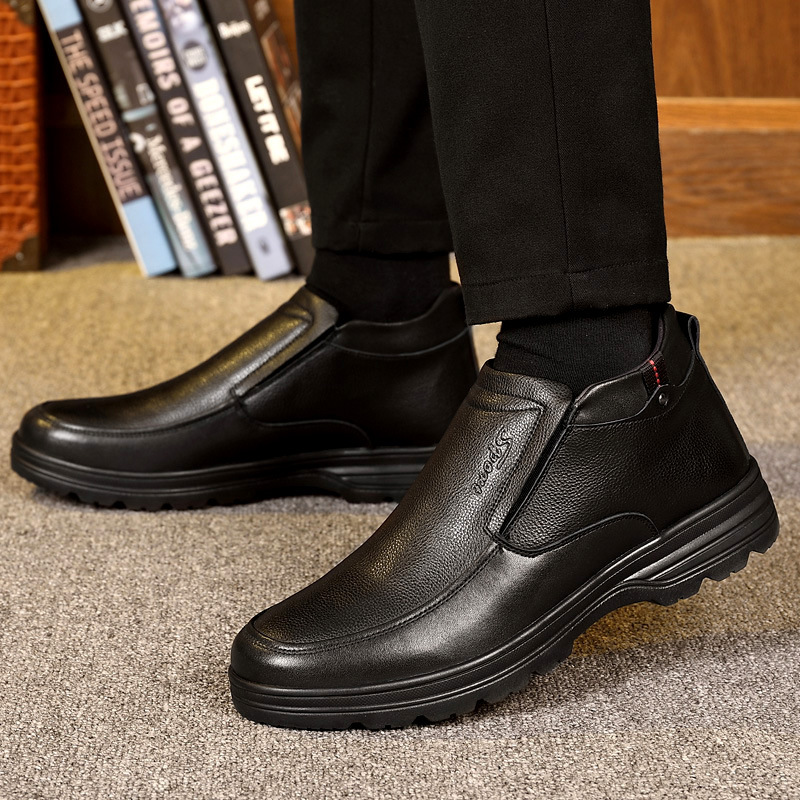 苹果/APPLE新款真皮棉鞋男冬季加绒保暖羊毛中老年高帮防滑爸爸鞋 - 图2