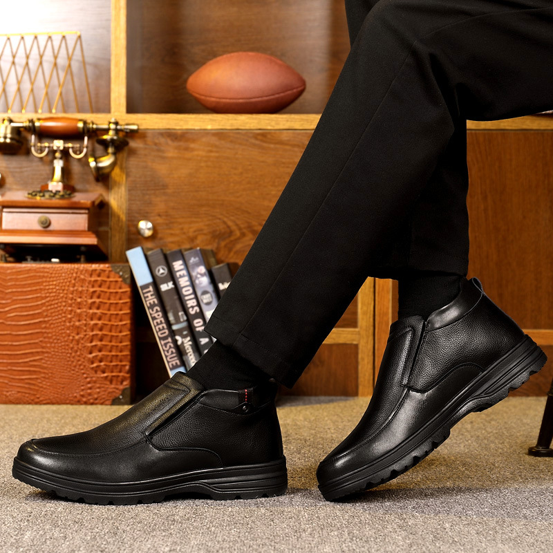 苹果/APPLE新款真皮棉鞋男冬季加绒保暖羊毛中老年高帮防滑爸爸鞋 - 图1