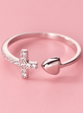 s925纯银爱心十字架女戒指简约轻奢满钻韩版食指环开口可调节刻字