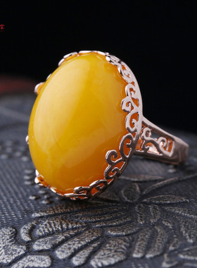 蜜蜡戒指可调节鸡油黄首饰品
