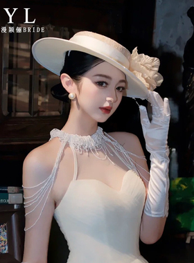 法式新娘油画风蕾丝花朵英伦名媛白色礼帽造型森系婚纱礼服头饰女