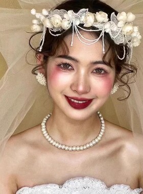 复古油画风新娘铃兰花发箍串珠花环韩式头纱超仙婚纱礼服旅拍配饰
