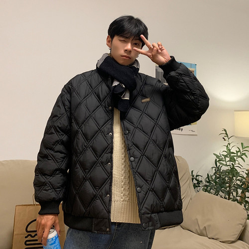 Kusen 美式潮牌菱形格棉衣夹克男潮流宽松情侣保暖学生棒球领棉服 - 图3