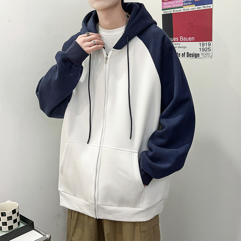 Kusen 美式潮牌拼色连帽开衫卫衣男春秋学生宽松休闲加绒大码外套 - 图2