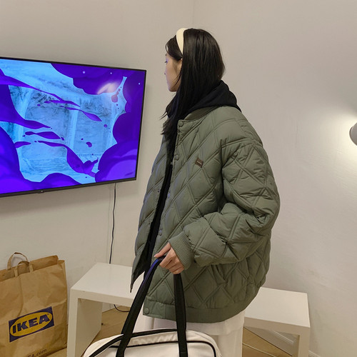 Kusen 美式潮牌菱形格棉衣夹克男潮流宽松情侣保暖学生棒球领棉服 - 图2