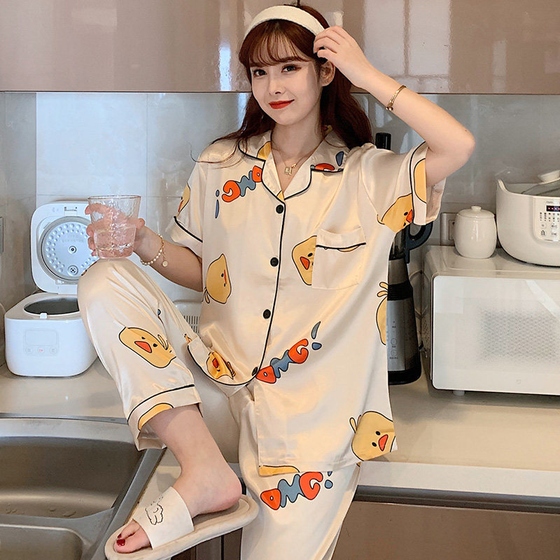 睡衣女夏季冰丝短袖长裤网红爆款套装可爱卡通水果薄款真丝家居服,淘宝优惠券,粉丝福利购,淘宝优惠卷