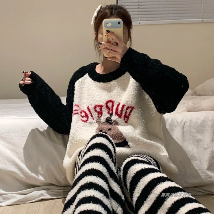可爱小熊半边绒睡衣女秋冬季加绒加厚条纹长裤2025新款家居服套装