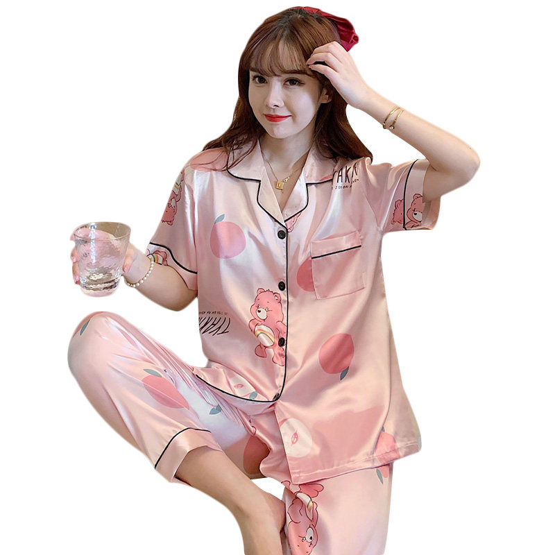 睡衣女夏季冰丝短袖长裤网红爆款套装可爱卡通水果薄款真丝家居服,淘宝优惠券,粉丝福利购,淘宝优惠卷