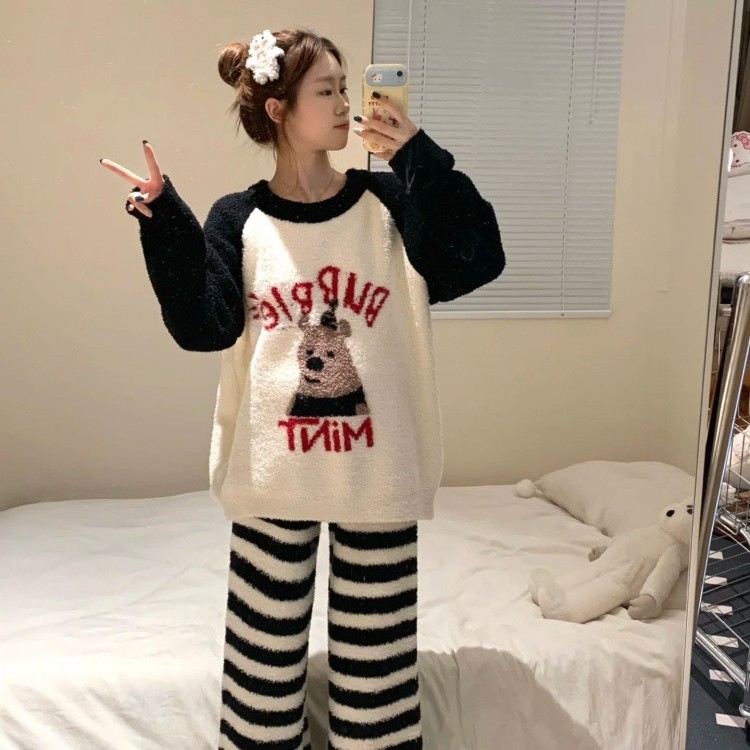 可爱小熊半边绒睡衣女秋冬季加绒加厚条纹长裤2025新款家居服套装