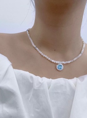 【新款】曦海冰蓝吊坠项链海蓝宝色人造玉髓锁骨链夏天高级感