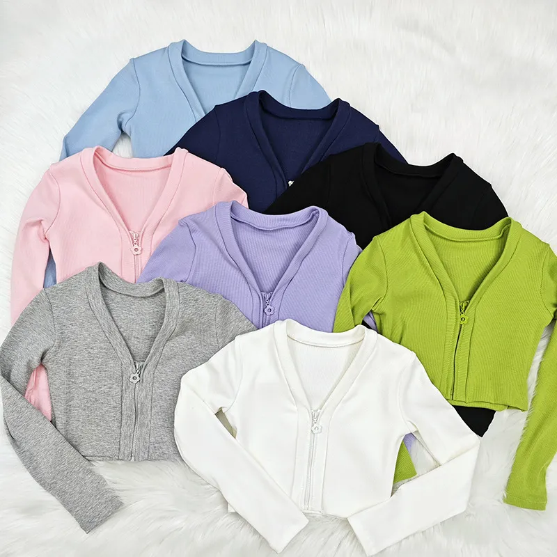 针织儿童舞蹈开衫上衣修身拉链练功服外套男女童双层防晒小坎肩 - 图1